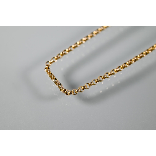 287 - A yellow gold belcher chain with safety chain attached, barrel clasp, unmarked, 43 cm long, approx 3... 