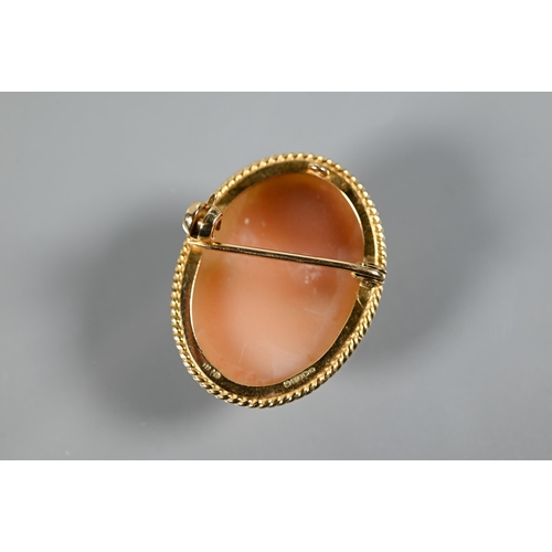 289 - A modern oval shell cameo brooch featuring female head, with 9ct yellow gold rope mount, 3 x 2.2 cm;... 