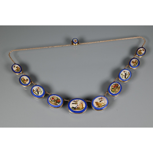 298 - A Victorian 'Grand Tour' micro-mosaic necklace, the ten graduated oval plaques featuring birds, dogs... 