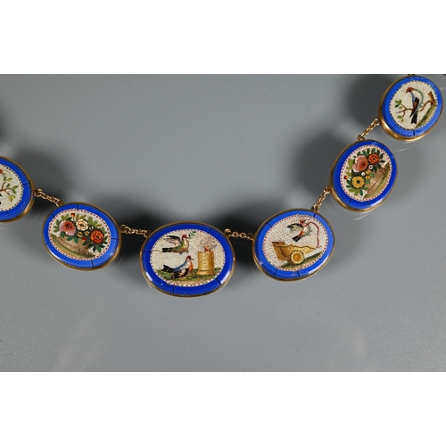 298 - A Victorian 'Grand Tour' micro-mosaic necklace, the ten graduated oval plaques featuring birds, dogs... 