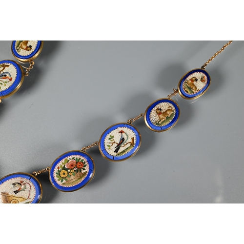 298 - A Victorian 'Grand Tour' micro-mosaic necklace, the ten graduated oval plaques featuring birds, dogs... 