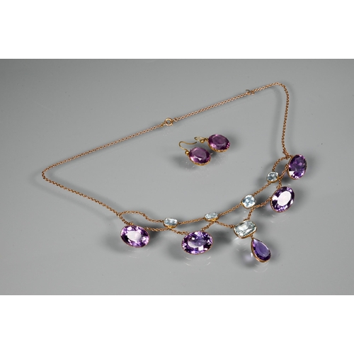 300 - A Victorian amethyst and aquamarine necklace, the four rectangular cushion cut aquamarines above a t... 