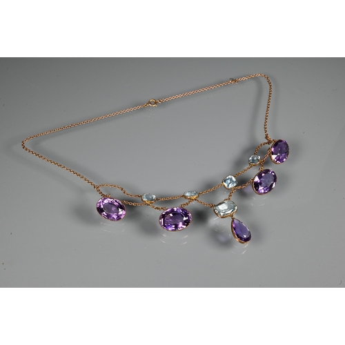 300 - A Victorian amethyst and aquamarine necklace, the four rectangular cushion cut aquamarines above a t... 