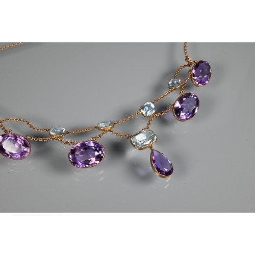 300 - A Victorian amethyst and aquamarine necklace, the four rectangular cushion cut aquamarines above a t... 