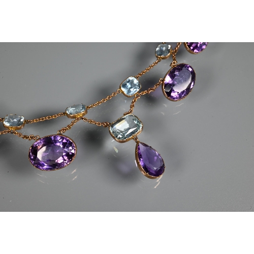 300 - A Victorian amethyst and aquamarine necklace, the four rectangular cushion cut aquamarines above a t... 