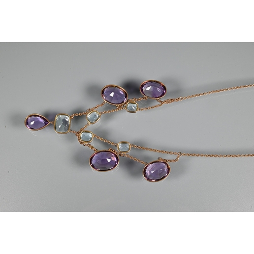 300 - A Victorian amethyst and aquamarine necklace, the four rectangular cushion cut aquamarines above a t... 