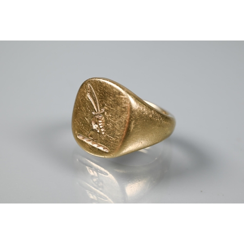 306 - A 9ct yellow gold signet ring with crest, size G, approx 8.2g