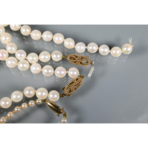 311 - Two uniform cultured pearl necklaces knotted throughout onto 9ct yellow gold clasps, one as found, t... 