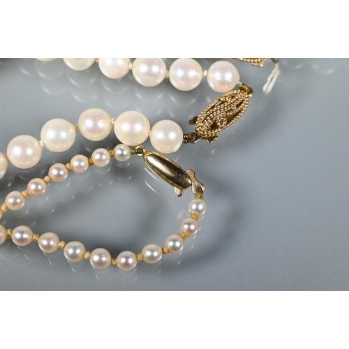 311 - Two uniform cultured pearl necklaces knotted throughout onto 9ct yellow gold clasps, one as found, t... 