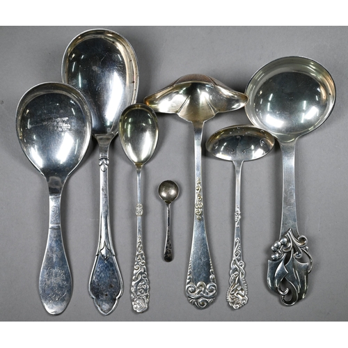 36 - Two Danish design serving spoons, Carl Cohr, 1935/37, a Hans Hansen design Sterling spoon and fork w... 