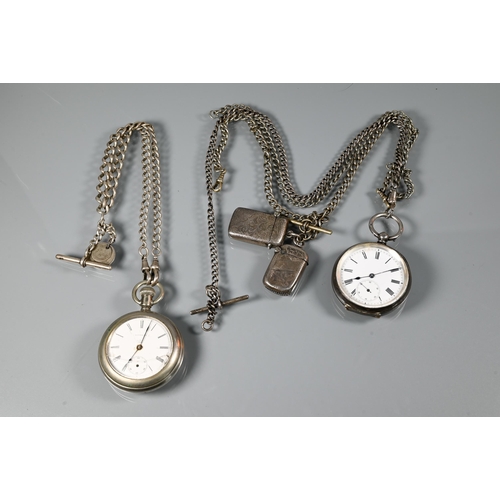 440 - Two white metal pocket watches, rear wind movements, both at fault, together with two hallmarked sil... 