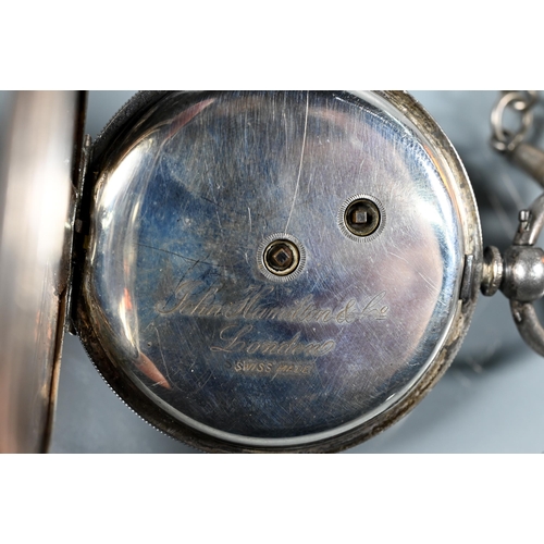 440 - Two white metal pocket watches, rear wind movements, both at fault, together with two hallmarked sil... 