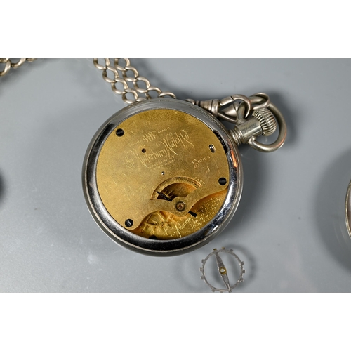 440 - Two white metal pocket watches, rear wind movements, both at fault, together with two hallmarked sil... 