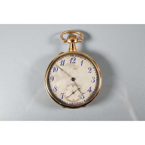 441 - A Swiss 18k open faced pocket watch, the crown wind movement with tarnished silvered dial with Arabi... 