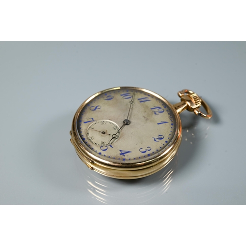 441 - A Swiss 18k open faced pocket watch, the crown wind movement with tarnished silvered dial with Arabi... 