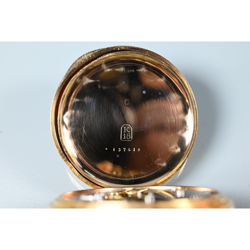 441 - A Swiss 18k open faced pocket watch, the crown wind movement with tarnished silvered dial with Arabi... 