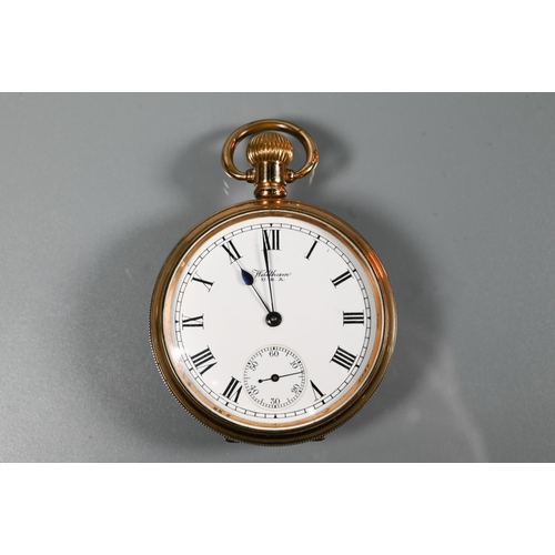 443 - A Waltham pocket watch, Dennison cased, the crown wind movement with white enamelled dial with Roman... 