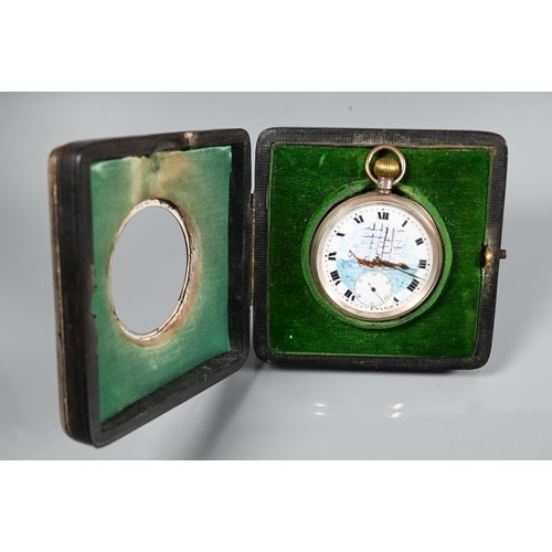 446 - A Swiss silver cased pocket watch, the crown wind movement with enamelled dial decorated with mast s... 