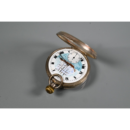 446 - A Swiss silver cased pocket watch, the crown wind movement with enamelled dial decorated with mast s... 