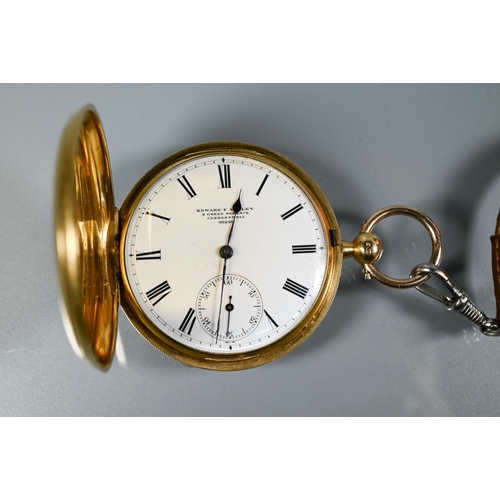 448 - A Edward F Ashley, Clerkenwell, an 18ct full hunter fob watch, the key wind movement with white enam... 