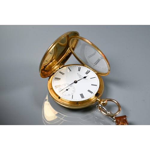448 - A Edward F Ashley, Clerkenwell, an 18ct full hunter fob watch, the key wind movement with white enam... 