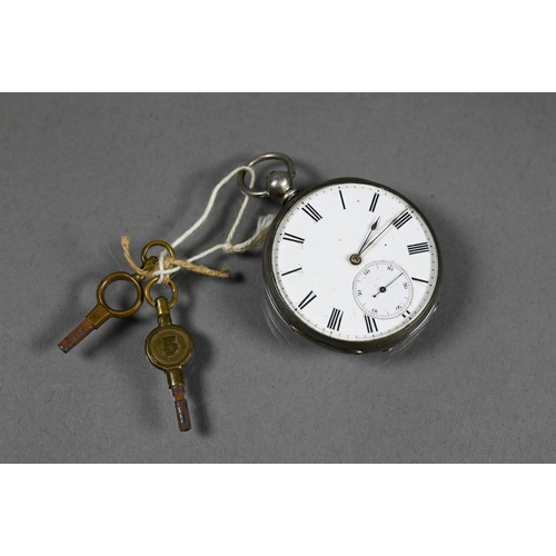 459 - Calderwood, London, a small steel cased fob watch, the key wind movement with white enamelled dial, ... 