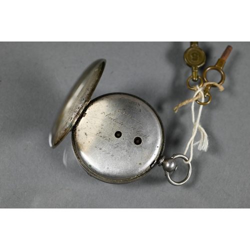 459 - Calderwood, London, a small steel cased fob watch, the key wind movement with white enamelled dial, ... 