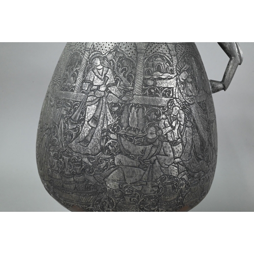 567 - A large antique Indo-Persian ewer engraved with palatial interior, noble figures and consorts, 56 cm... 