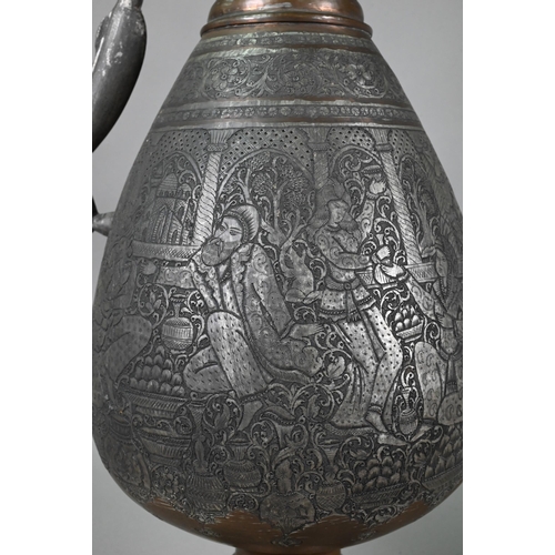 567 - A large antique Indo-Persian ewer engraved with palatial interior, noble figures and consorts, 56 cm... 