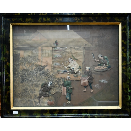 576 - A late 19th or early 20th century Chinese silk work study with painted street scene applied with pap... 