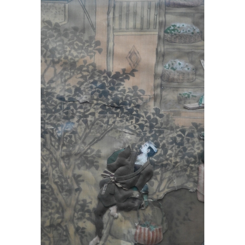 576 - A late 19th or early 20th century Chinese silk work study with painted street scene applied with pap... 