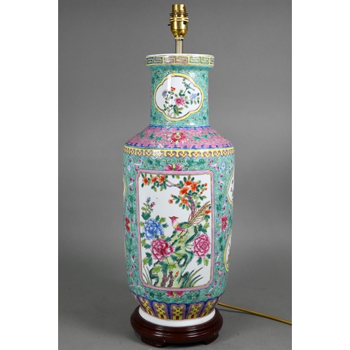 577 - A 20th century Chinese famille rose turquoise and pink ground rouleau vase (mounted as a lamp) on ha... 