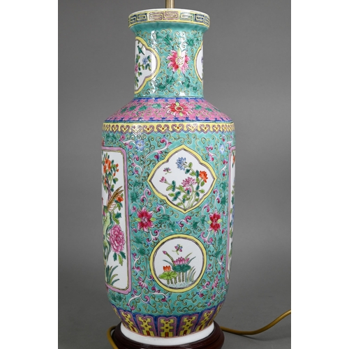 577 - A 20th century Chinese famille rose turquoise and pink ground rouleau vase (mounted as a lamp) on ha... 