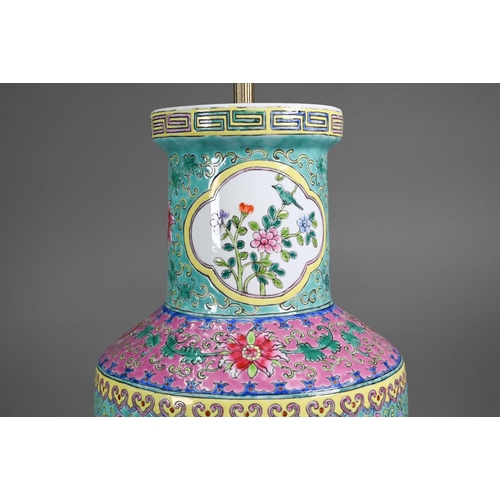 577 - A 20th century Chinese famille rose turquoise and pink ground rouleau vase (mounted as a lamp) on ha... 