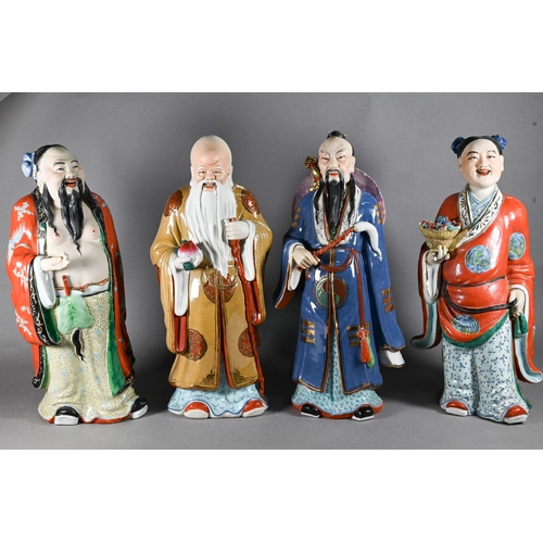 578 - A harlequin set of eight Chinese 20th century polychrome glazed figures, six of the eight Daoist Imm... 