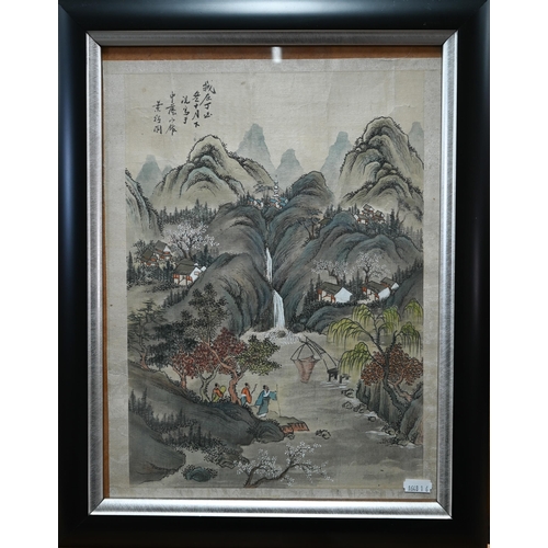 580 - A 20th century traditional Chinese landscape with figures walking along the riverbank, calligraphic ... 