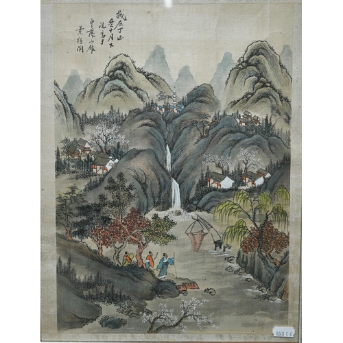 580 - A 20th century traditional Chinese landscape with figures walking along the riverbank, calligraphic ... 