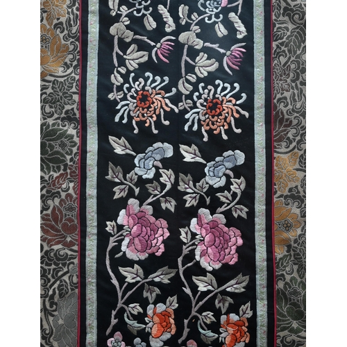 581 - Nine various vintage Chinese kesi work silk and satin panels and robe fragments embroidered with var... 