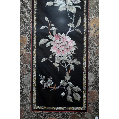 581 - Nine various vintage Chinese kesi work silk and satin panels and robe fragments embroidered with var... 