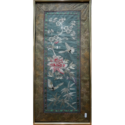 581 - Nine various vintage Chinese kesi work silk and satin panels and robe fragments embroidered with var... 