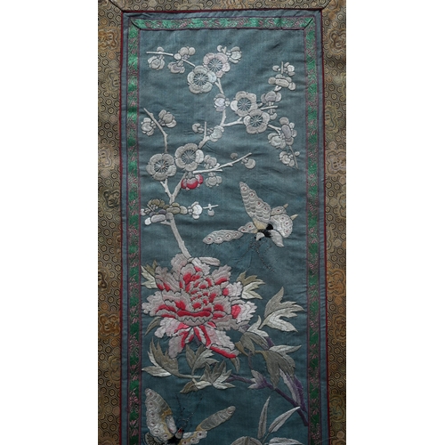 581 - Nine various vintage Chinese kesi work silk and satin panels and robe fragments embroidered with var... 