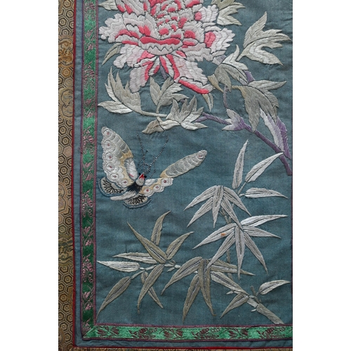 581 - Nine various vintage Chinese kesi work silk and satin panels and robe fragments embroidered with var... 