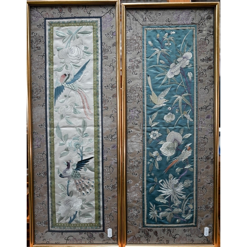 581 - Nine various vintage Chinese kesi work silk and satin panels and robe fragments embroidered with var... 