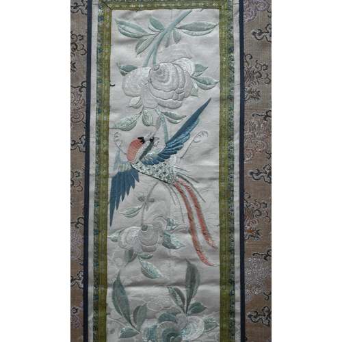 581 - Nine various vintage Chinese kesi work silk and satin panels and robe fragments embroidered with var... 