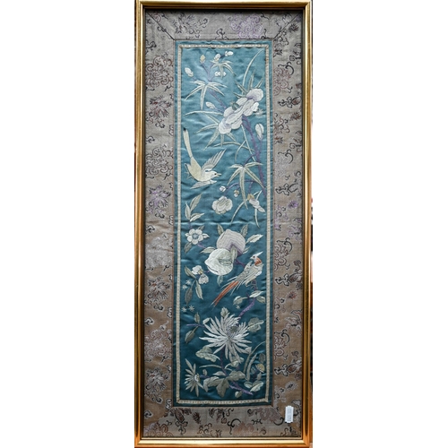 581 - Nine various vintage Chinese kesi work silk and satin panels and robe fragments embroidered with var... 