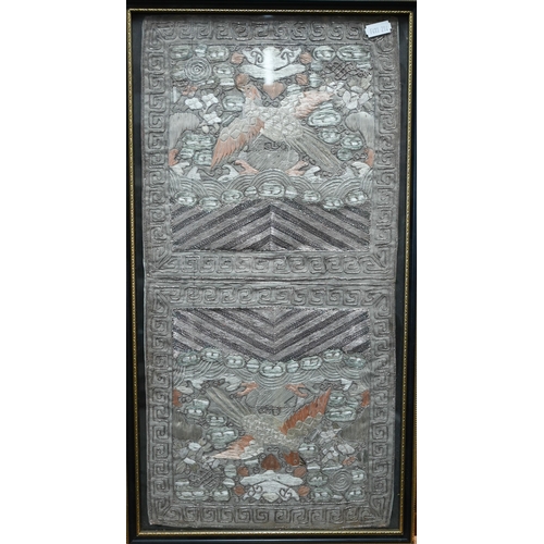 582 - A Chinese silk work civil rank badge embroidered panel, coloured and metallic threads, framed and gl... 