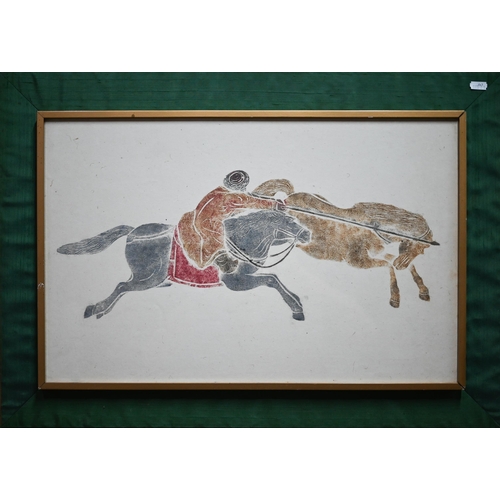 583 - A 20th century Chinese school study of a warrior on horseback, 57 cm x 37 cm to/w a similar example ... 