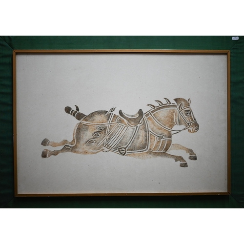 583 - A 20th century Chinese school study of a warrior on horseback, 57 cm x 37 cm to/w a similar example ... 