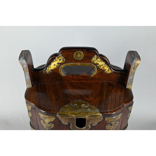 587 - A 20th century Chinese hardwood brass mounted teapot caddy/carrier carved with happiness symbol (shu... 