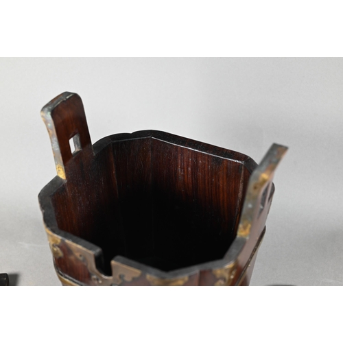 587 - A 20th century Chinese hardwood brass mounted teapot caddy/carrier carved with happiness symbol (shu... 